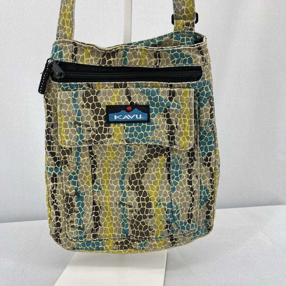 Kavu Canvas Crossbody Purse Snakeskin Pattern Teal Khaki Beige Black Small - Picture 2 of 6
